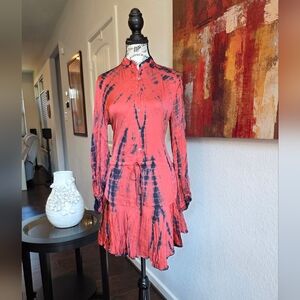 Olivaceous Mini Dress- Red & Black Long Sleeve - Tie Dye - Medium